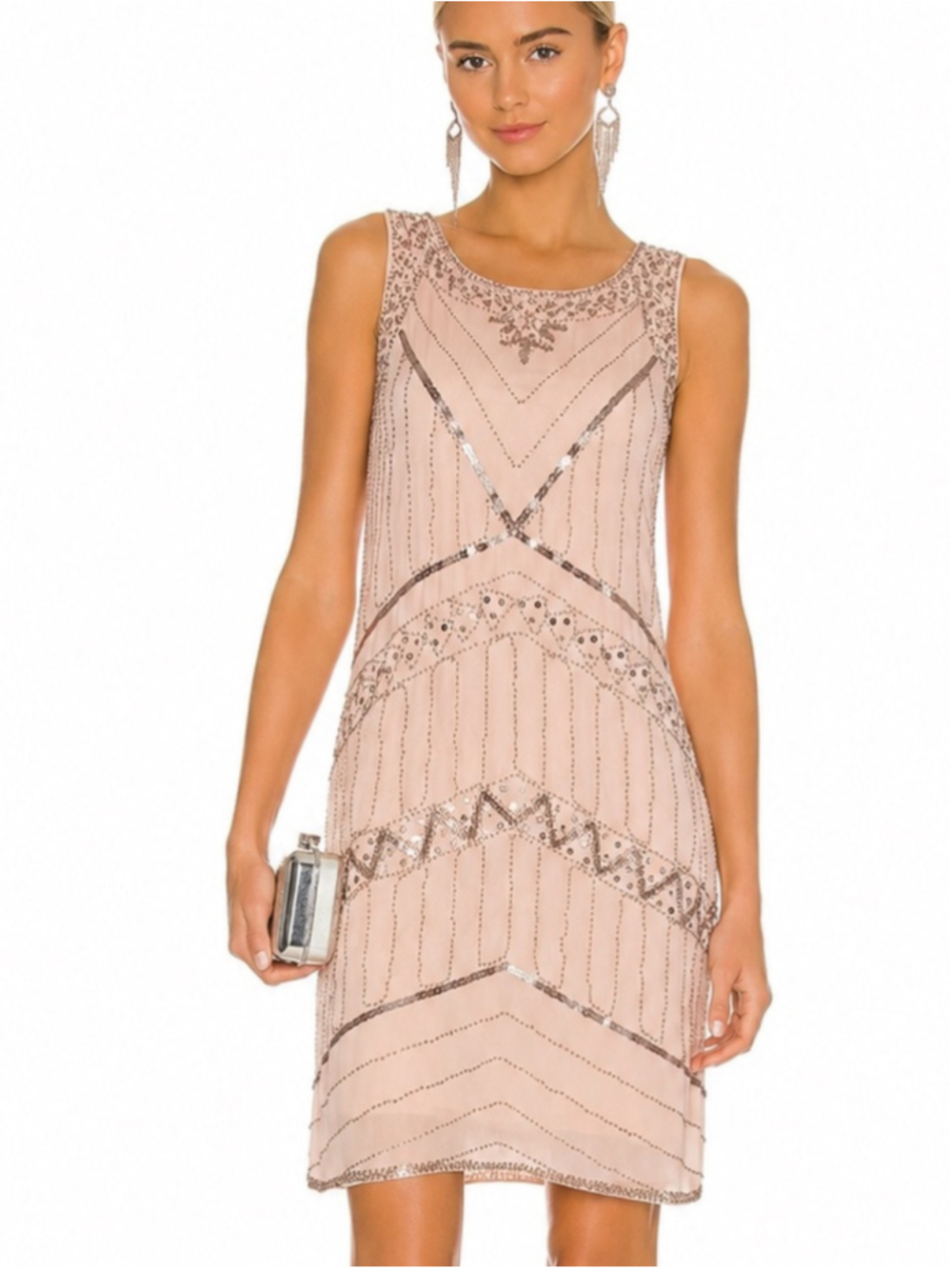 Molly Bracken Blush Beaded Sleeveless Shift Dress xs